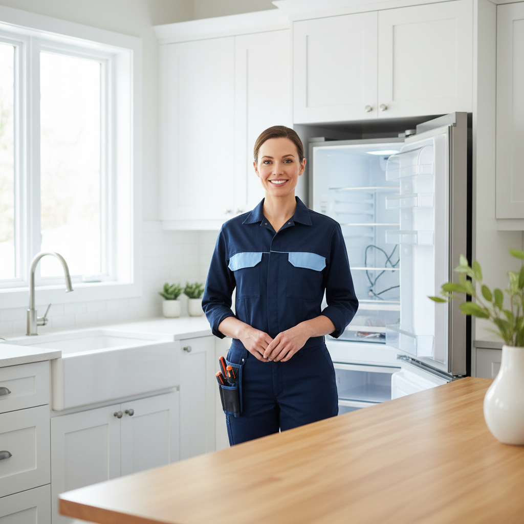 Smiling appliance repair technician standing in a modern bright kitchen