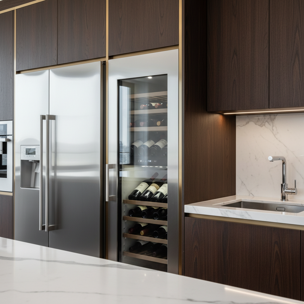 Modern high-end kitchen close-up with built-in refrigerator and wine cooler