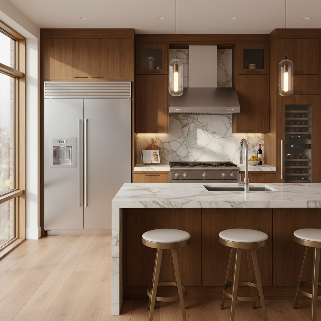 Luxury modern kitchen with stainless steel refrigerator and wine cooler